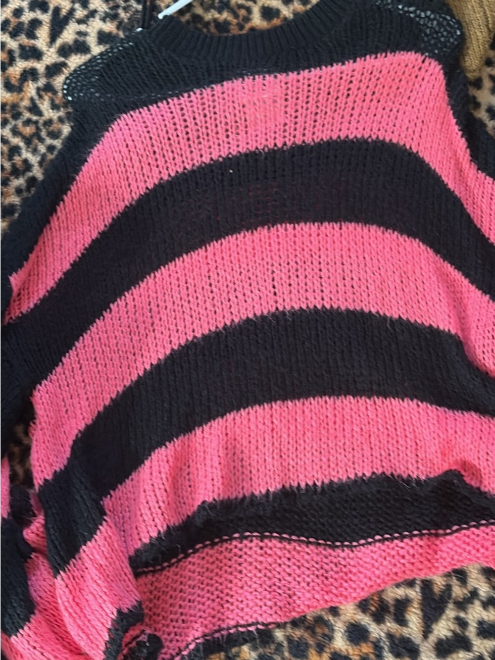 The Ragged Priest Pink and Black Striped Crewneck Sweater